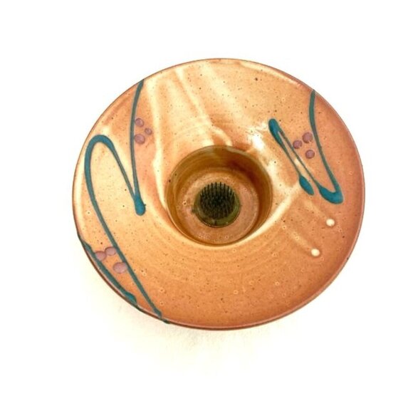 Vtg Robin Cage Ikebana Pottery Round Planter Vase w/ Metal Frog Flower Holder - Picture 4 of 9